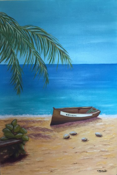 Painting titled "L’ile Des Caraïbes" by Nathalie Moiroud, Original Artwork, Oil Mounted on Wood Stretcher frame