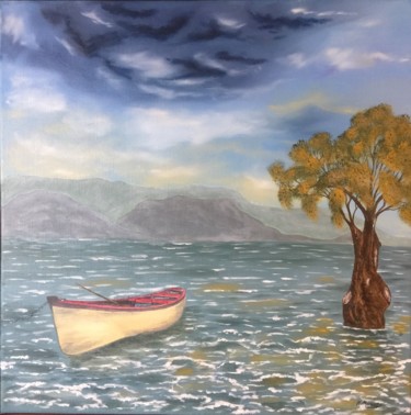 Painting titled "La barque" by Nathalie Moiroud, Original Artwork, Oil