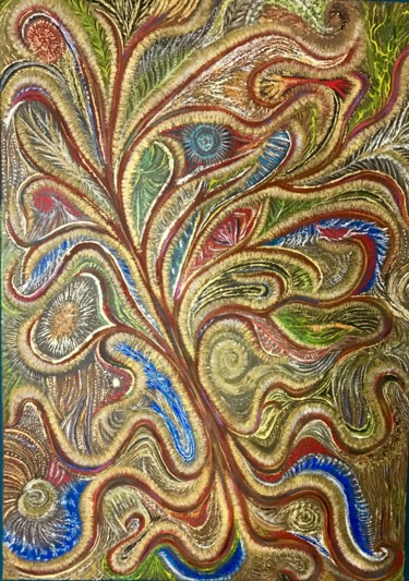 Painting titled "L’arbre sacré" by Nacéra Oussad, Original Artwork, Acrylic Mounted on Wood Stretcher frame