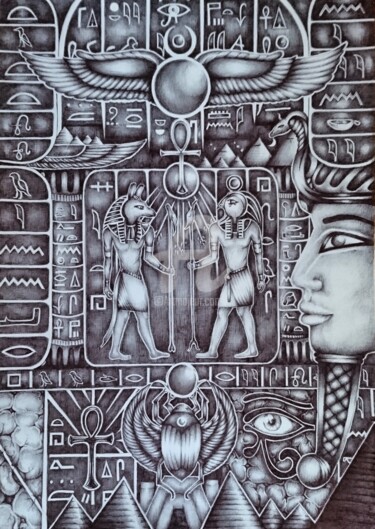 Drawing titled "Egyptian chaos" by Nienke Stronks, Original Artwork, Ballpoint pen