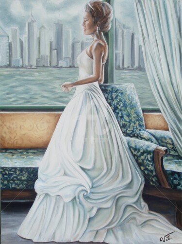 Peinture intitulée "Mariée sur la baie…" par Nathalie Viti, Œuvre d'art originale, Huile