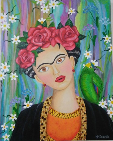 Pintura titulada "Frida e papagaio." por Natalanei Estevam, Obra de arte original