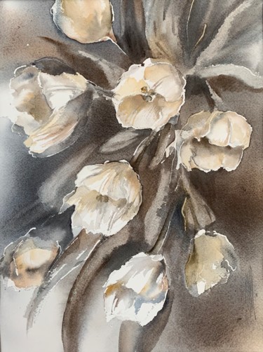 Peinture intitulée "Tulipes sépia" par Naalya, Œuvre d'art originale, Aquarelle Monté sur Carton