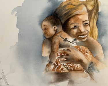 Peinture intitulée "Femme à l’enfant" par Naalya, Œuvre d'art originale, Aquarelle Monté sur Carton