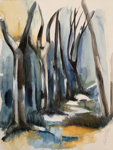 Painting titled "Sous bois" by Naalya, Original Artwork, Watercolor Mounted on Cardboard
