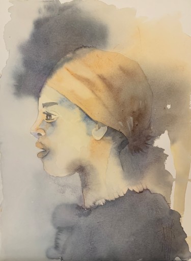 Painting titled "Femme au foulard" by Naalya, Original Artwork, Watercolor Mounted on Cardboard