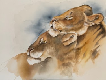 Peinture intitulée "Lionnes" par Naalya, Œuvre d'art originale, Aquarelle Monté sur Carton