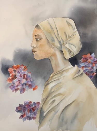 Peinture intitulée "Femme aux fleurs" par Naalya, Œuvre d'art originale, Aquarelle Monté sur Carton