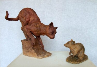 Sculpture intitulée "Le chaton et le rat" par Kainou, Œuvre d'art originale, Terre cuite
