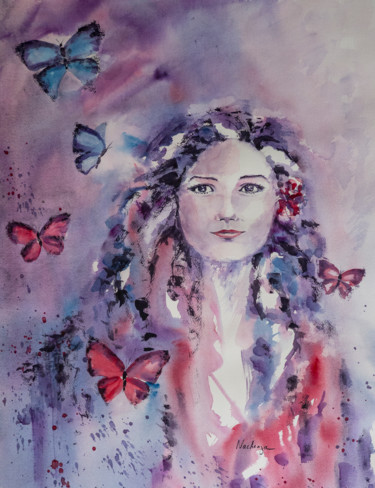 Ζωγραφική με τίτλο "Butterfly's sister 2" από Nachenza, Αυθεντικά έργα τέχνης, Ακουαρέλα
