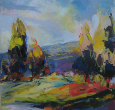 Painting titled "Les cyprès enluminé…" by Nadine Nacinovic, Original Artwork, Acrylic