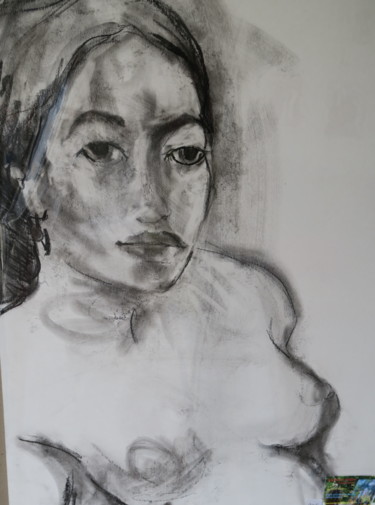 Drawing titled "Alexandra au fusain" by Nadine Nacinovic, Original Artwork, Charcoal