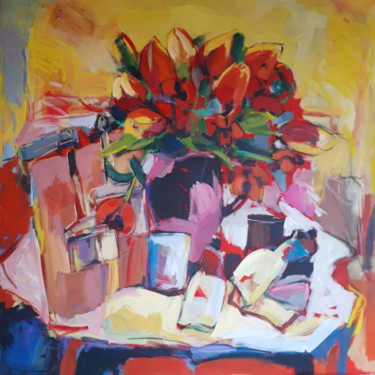 Картина под названием "Les tulipes rouge d…" - Nadine Nacinovic, Подлинное произведение искусства, Акрил Установлен на Дерев…