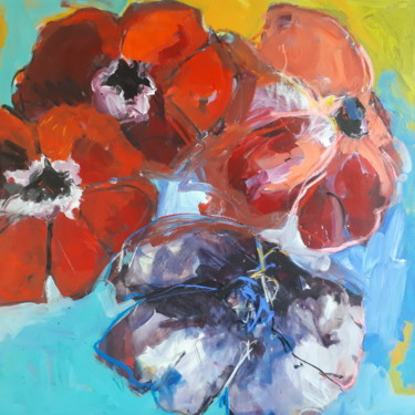 Painting titled "Les anemones rouge…" by Nadine Nacinovic, Original Artwork, Acrylic