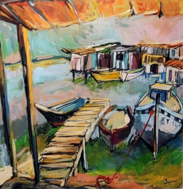 Painting titled "Les bateaux de poin…" by Nadine Nacinovic, Original Artwork, Acrylic Mounted on Wood Stretcher frame