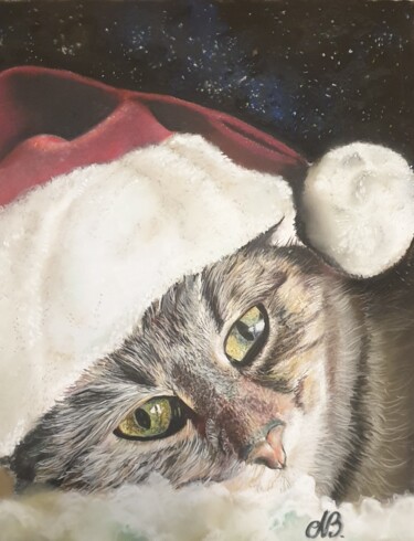 Dessin intitulée "Chat qui attend Noël" par Nad Bonzi, Œuvre d'art originale, Pastel