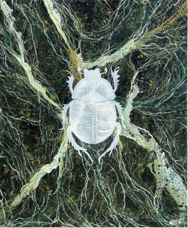 Schilderij getiteld "le scarabée blanc" door Natar, Origineel Kunstwerk, Olie Gemonteerd op Frame voor houten brancard