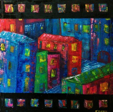Painting titled "ville nuit" by Nada, Original Artwork, Oil