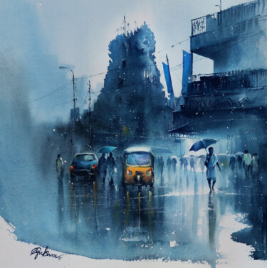 Painting titled "temple_street_01" by Nadees Prabou, Original Artwork, Watercolor