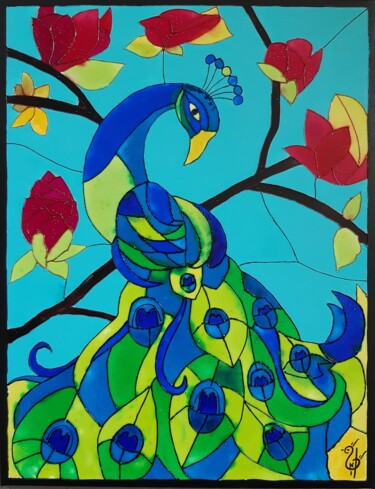 Painting titled "Paon fleuri" by Nadège Dubreuil, Original Artwork, Ink