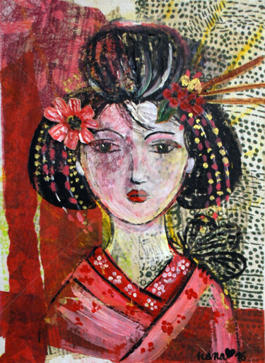 Pittura intitolato "La geisha au papill…" da Nadège Gardian, Opera d'arte originale, Acrilico