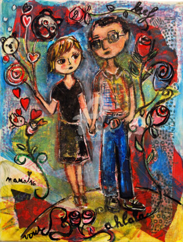 Painting titled "Les amoureux Amélie…" by Nadège Gardian, Original Artwork, Acrylic