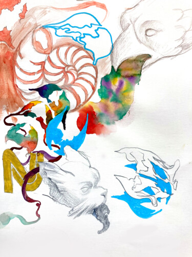 Disegno intitolato "Gargouilles, nautil…" da Nadège Lafon, Opera d'arte originale, Matita Montato su Cartone