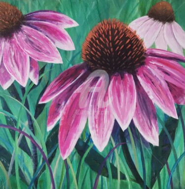 Painting titled "Mes rudbeckias" by Nadège Minder (Cocci), Original Artwork, Acrylic Mounted on Wood Stretcher frame