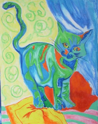 Peinture intitulée "Chat psychédélique" par Nadege Frazié, Œuvre d'art originale