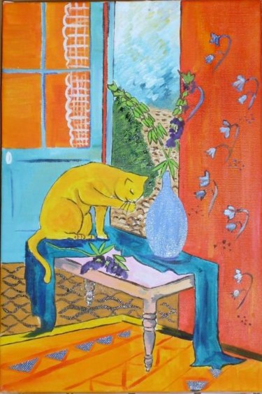 Peinture intitulée "Chat à sa toilette" par Nadege Frazié, Œuvre d'art originale