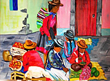 Peinture intitulée "le marché" par Nadege Frazié, Œuvre d'art originale, Huile
