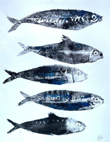 Estampas & grabados titulada "Blue fishes" por Nadej Gunalp, Obra de arte original, Colagrafia