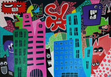 Malarstwo zatytułowany „Cartoon City” autorstwa Nadel, Oryginalna praca, Akryl Zamontowany na Drewniana rama noszy