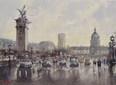 Painting titled "Paris after rain" by Nadera Ben, Original Artwork, Watercolor