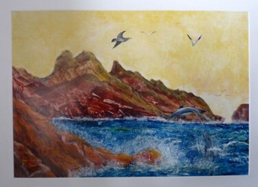 Painting titled "La baie aux dauphins" by Nadette Tournier, Original Artwork, Acrylic Mounted on Wood Panel