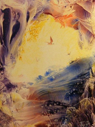 Pintura intitulada "La grotte aux oisea…" por Nadette Tournier, Obras de arte originais, Óleo