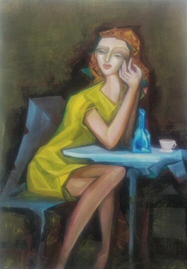 Schilderij getiteld "Girls in a cafe" door Nadezda Baruns, Origineel Kunstwerk, Gouache