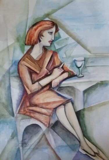 Картина под названием "Scene. In the cafe." - Nadezda Baruns, Подлинное произведение искусства, Акварель
