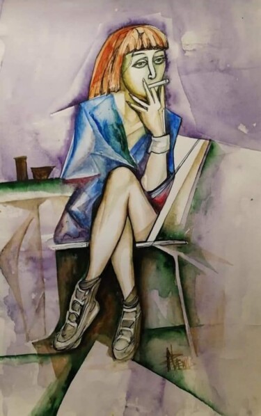 Картина под названием "Girl with a cigaret…" - Nadezda Baruns, Подлинное произведение искусства, Акварель