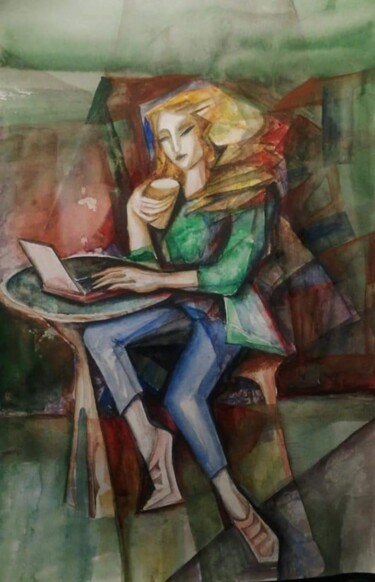 Painting titled "Scene. In the cafe.…" by Nadezda Baruns, Original Artwork, Watercolor