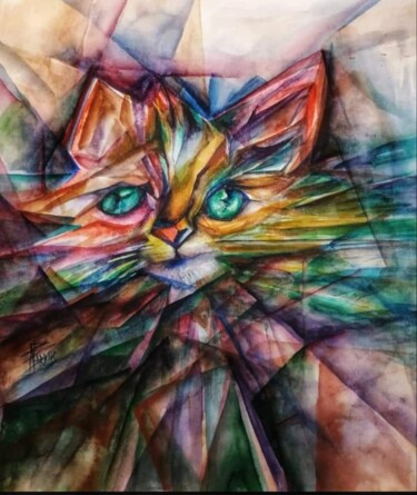 Painting titled "Funny cat." by Nadezda Baruns, Original Artwork, Watercolor