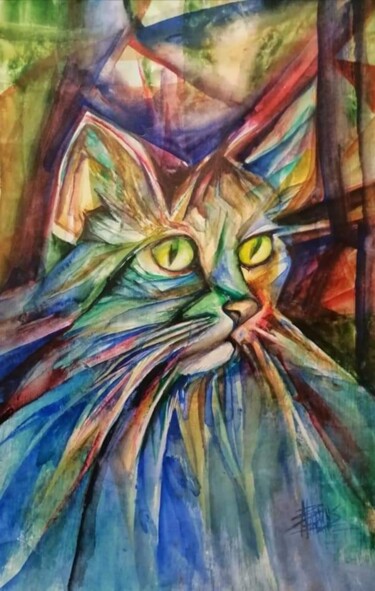 Картина под названием "Cat." - Nadezda Baruns, Подлинное произведение искусства, Акварель