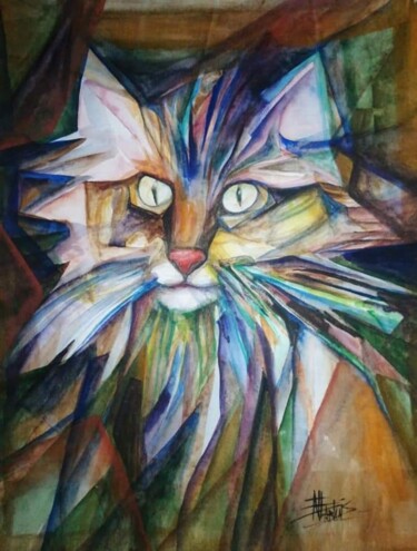Картина под названием "Cat ll." - Nadezda Baruns, Подлинное произведение искусства, Акварель