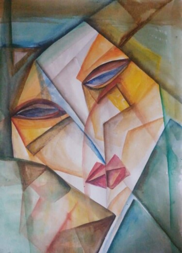 Malerei mit dem Titel "Cubic portrait of a…" von Nadezda Baruns, Original-Kunstwerk, Aquarell