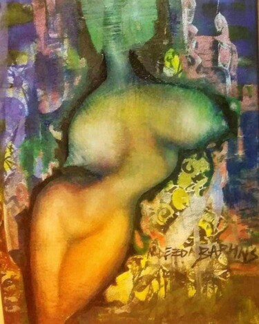 Painting titled "Nude. Modern. ll." by Nadezda Baruns, Original Artwork, Oil Mounted on Wood Stretcher frame