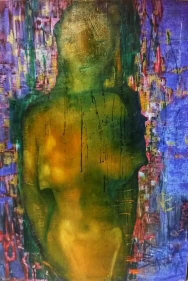 Painting titled "Under rain. Nude. M…" by Nadezda Baruns, Original Artwork, Oil Mounted on Wood Stretcher frame