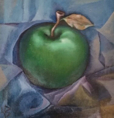 Painting titled "Green apple." by Nadezda Baruns, Original Artwork, Acrylic Mounted on Wood Stretcher frame