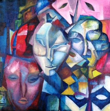 Painting titled "Masques." by Nadezda Baruns, Original Artwork, Oil Mounted on Wood Stretcher frame