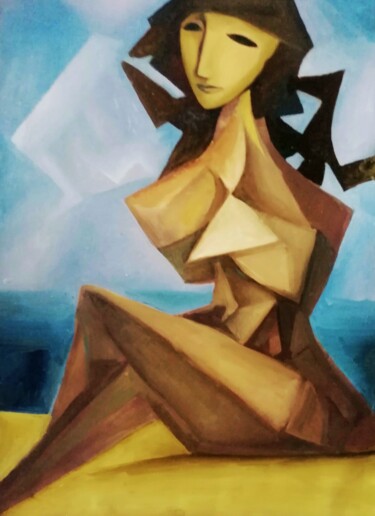 Painting titled "Girl on the beach l…" by Nadezda Baruns, Original Artwork, Oil