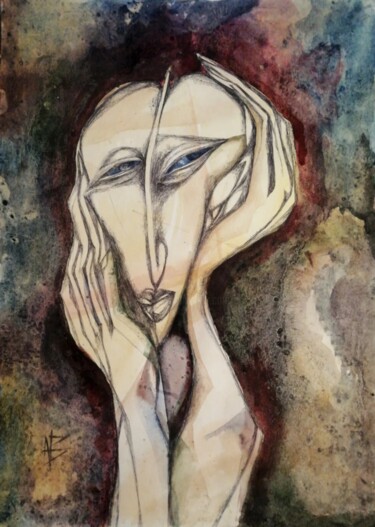 Malerei mit dem Titel "thoughtful lady. Ex…" von Nadezda Baruns, Original-Kunstwerk, Aquarell